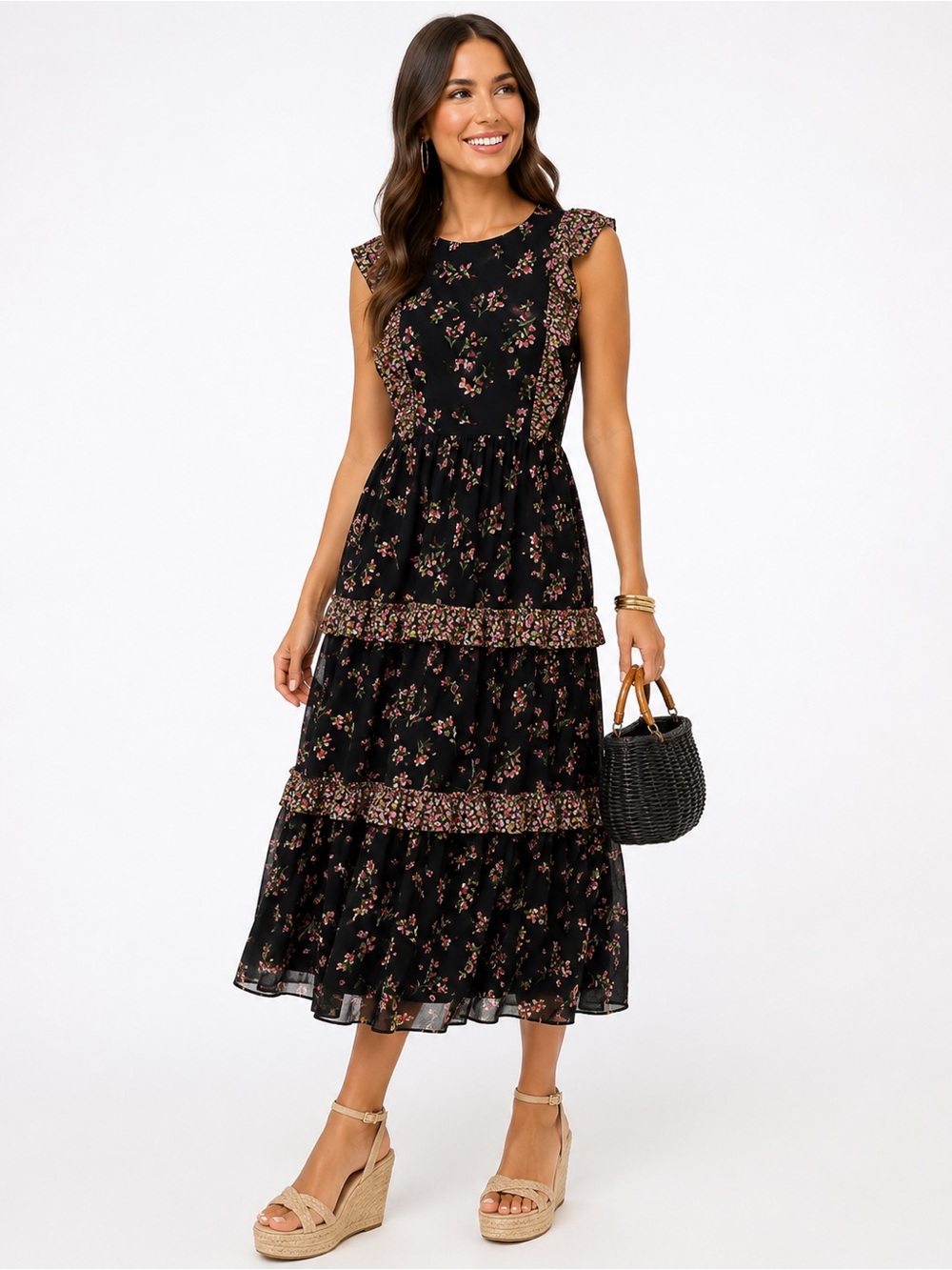 J.Crew Black Floral Ruffle Tiered Midi Dress 00